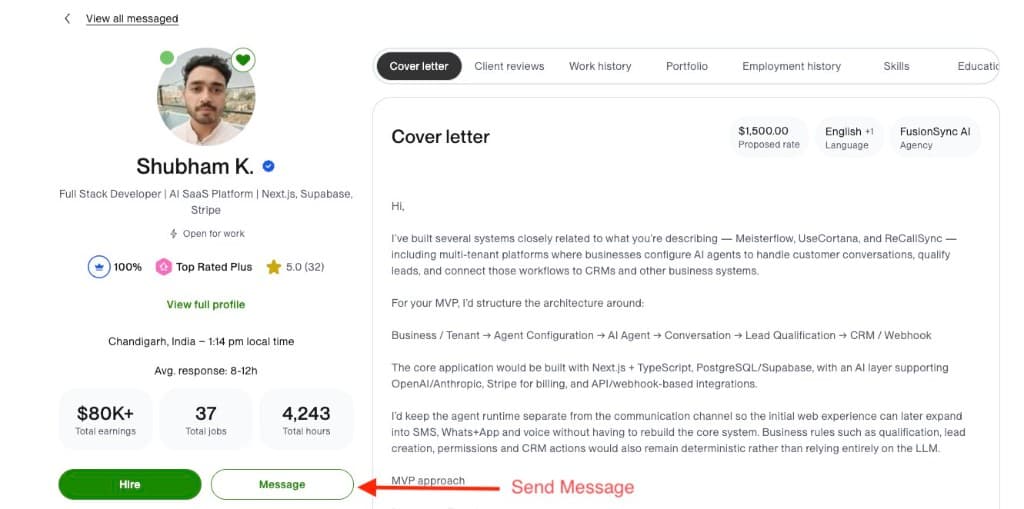 Upwork proposal screen with the Message button highlighted for replying to the proposal